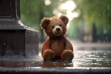 teddy bear sitting by a park fountain, with water droplets on its fur, created with generative aiの素材