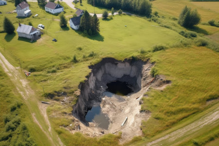 top-down view of a sinkhole in a remote rural setting, created with generative aiの素材