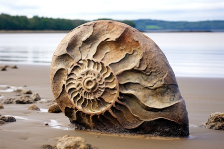 weathered ammonite fossil on a beach, created with generative aiの素材