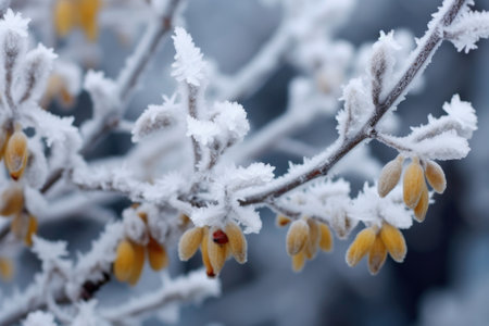 frost flowers blooming on ice-covered branches, created with generative aiの素材