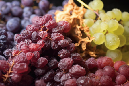 close-up of sun-dried grapes transforming into raisins, created with generative aiの素材