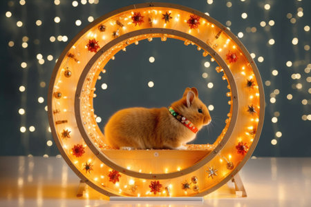 hamster wheel decorated with tiny festive lights or ornaments, created with generative aiの素材