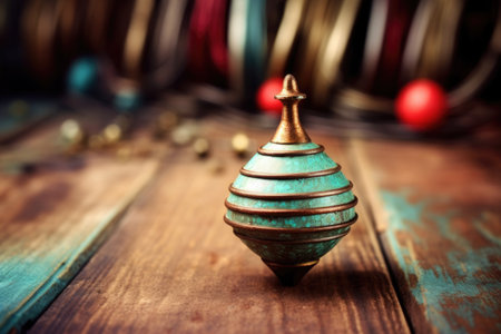 vintage spinning top on rustic wooden background, created with generative aiの素材