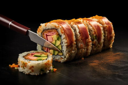 sushi roll sliced with knife, revealing filling, created with generative aiの素材