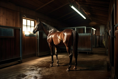 shiny, well-groomed horse standing in stable, created with generative aiの素材