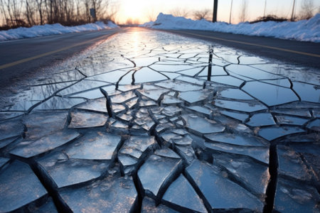 cracked ice on pavement revealing ground underneath, created with generative aiの素材