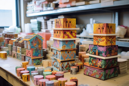 painted wooden blocks and puzzles in production, created with generative aiの素材