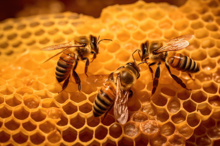 bees working on a honeycomb under soft light, created with generative aiの素材