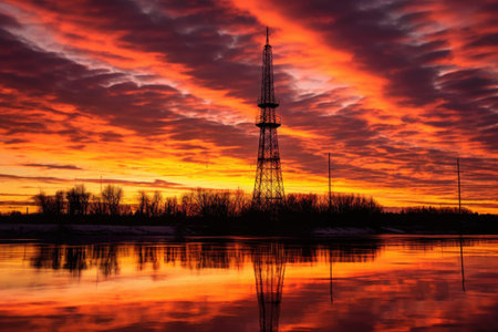 cell tower silhouette against a dramatic sunset, created with generative aiの素材