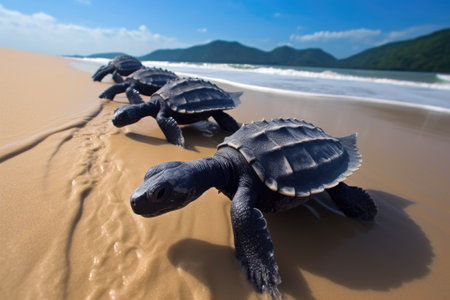 baby leatherback turtles forming a trail in beach sand, created with generative aiの素材