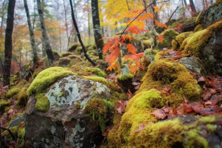 colorful lichen on rocks in a forest setting, created with generative aiの素材