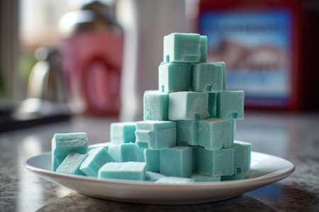 close-up of dishwasher detergent tablet, created with generative aiの素材