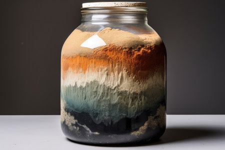 glass jar filled with sand, gravel, and charcoal layers, created with generative aiの素材