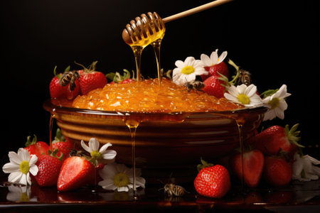drizzling honey on mixed fruit bowl, created with generative aiの素材