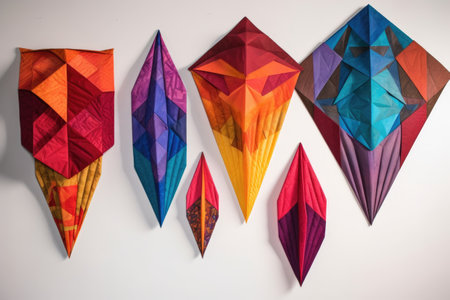 various kite shapes cut from vibrant fabrics, created with generative aiの素材