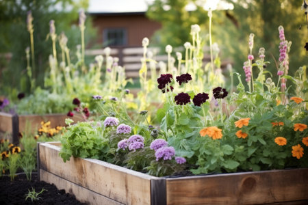 beautiful flowers blooming in raised bed, created with generative aiの素材