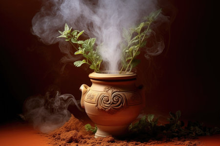 smoke rising from terracotta pot smoker, created with generative aiの素材