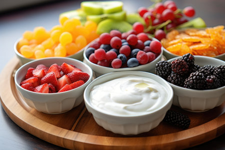 homemade yogurt with various fruit toppings, created with generative aiの素材