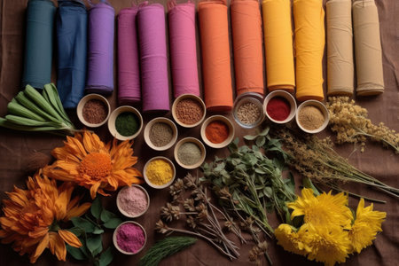 natural dye ingredients arranged in a flat lay, created with generative aiの素材