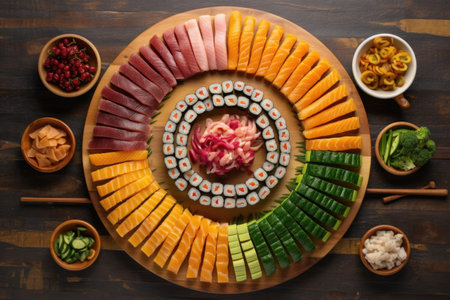sushi rolls arranged in a circle on a wooden platter, created with generative aiの素材