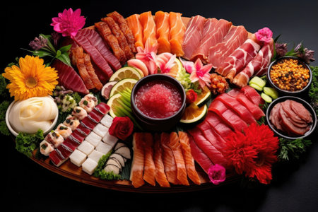 sushi platter with variety of rolls and sashimi, created with generative aiの素材