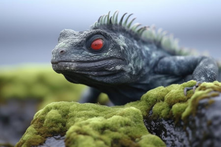 close-up of marine iguana nibbling on algae-covered rocks, created with generative aiの素材