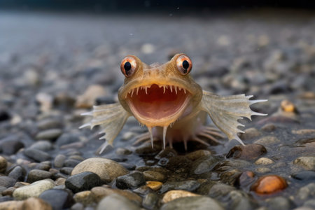 mudskipper with open mouth displaying its gills, created with generative aiの素材