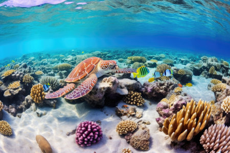 wide-angle shot of octopus in action within coral ecosystem, created with generative aiの素材