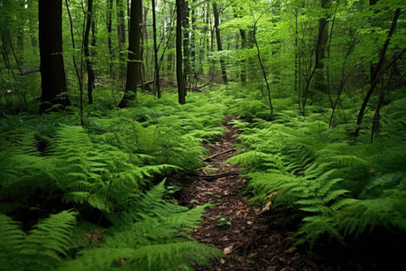 lush, green ferns carpeting the forest floor, created with generative aiの素材
