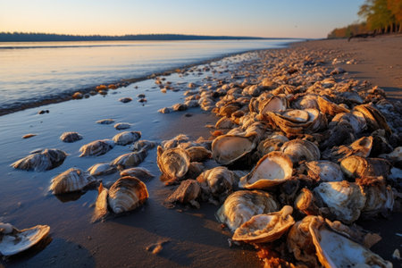 oyster shells on the beach, symbolizing filtration, created with generative aiの素材