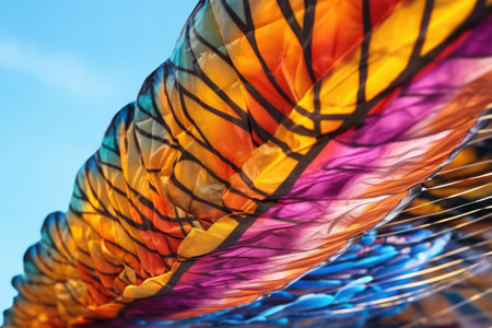 close-up of colorful paraglider wing in flight, created with generative aiの素材