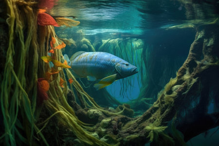 parrotfish hidden in a cocoon amidst marine vegetation, created with generative aiの素材