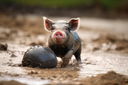 pig playing with a muddy ball in a mud pit, created with generative aiの素材