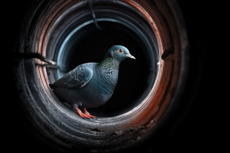 pigeon looking out from an industrial pipe, created with generative aiの素材