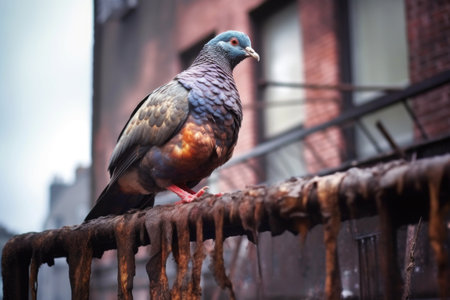 pigeon perched on a rusty fire escape, created with generative aiの素材