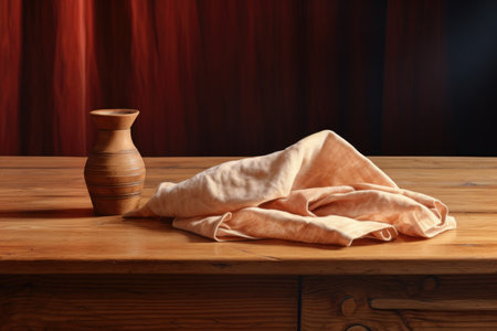 close-up of wood polish and a soft cloth on a table, created with generative aiの素材