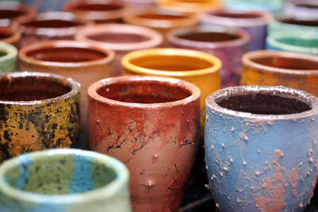 colorful glazes on pottery before firing, created with generative aiの素材