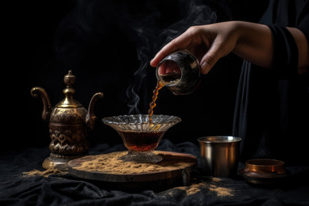 pouring coffee with a dramatic, dark background, created with generative aiの素材