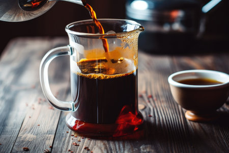 pouring coffee into a mug from french press, created with generative aiの素材