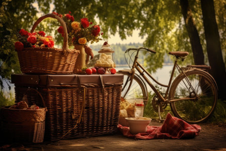 picnic basket with a bicycle in the background, created with generative aiの素材