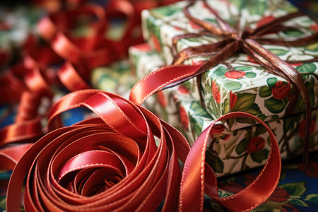 close-up of holiday wrapping paper and ribbons, created with generative aiの素材
