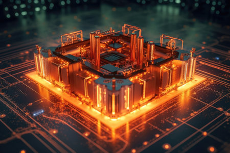 circuit board with glowing quantum computing elements, created with generative aiの素材