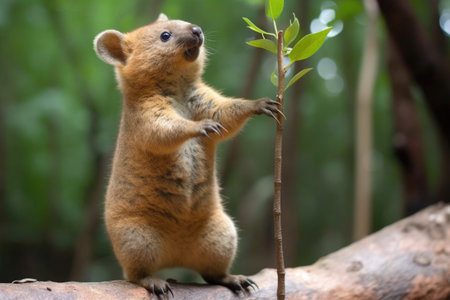 quokka stretching up on hind legs to nibble leaves, created with generative aiの素材