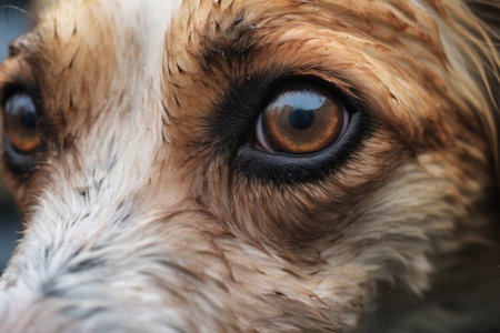 close-up of a rescue dogs eyes in a disaster zone, created with generative aiの素材