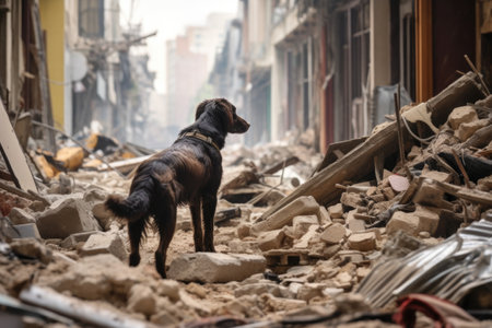 search and rescue dog sniffing through rubble, created with generative aiの素材