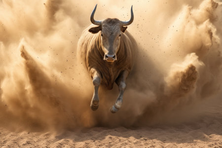 bull kicking up dust in action-packed moment, created with generative aiの素材