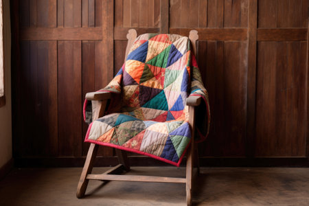 patchwork quilt folded on a wooden chair, created with generative aiの素材