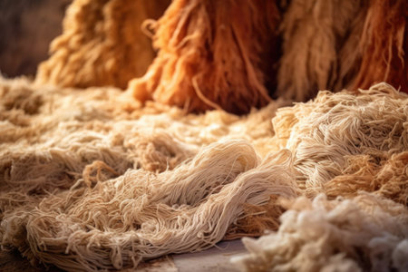 close-up of freshly sheared wool on ground, created with generative aiの素材