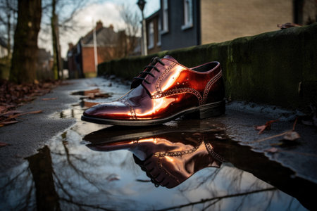 a pair of shiny shoes next to a puddle, creating a reflection, created with generative aiの素材