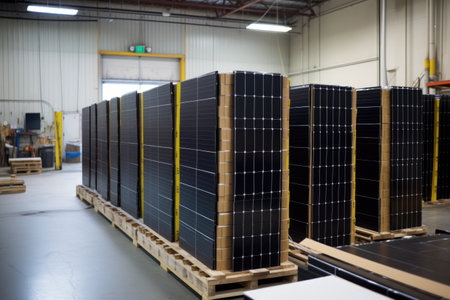 rows of finished solar panels ready for packaging, created with generative aiの素材